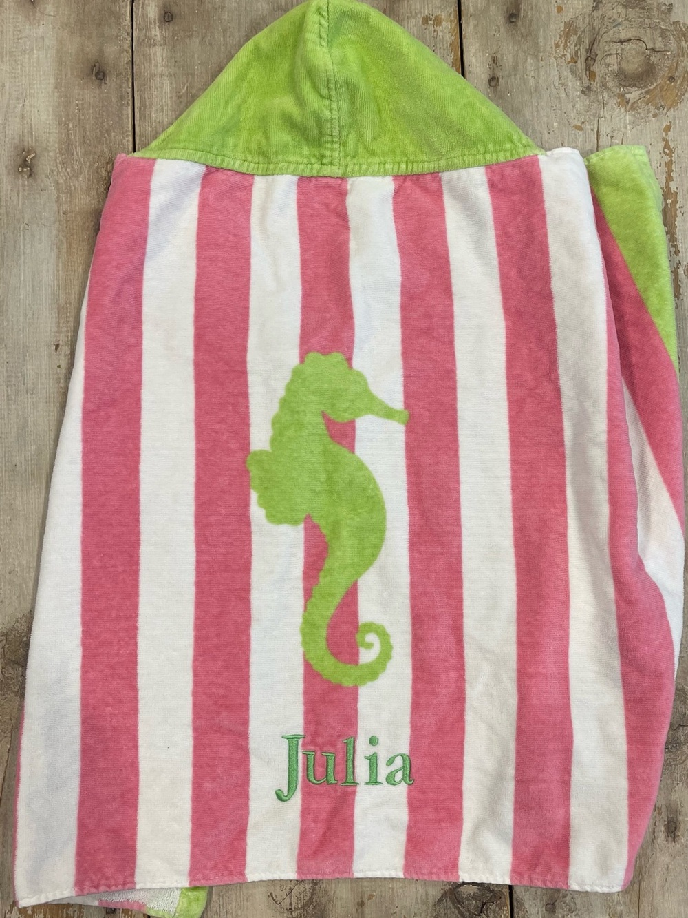 Pottery Barn seahorse hooded towel - Julia monogram - baby size